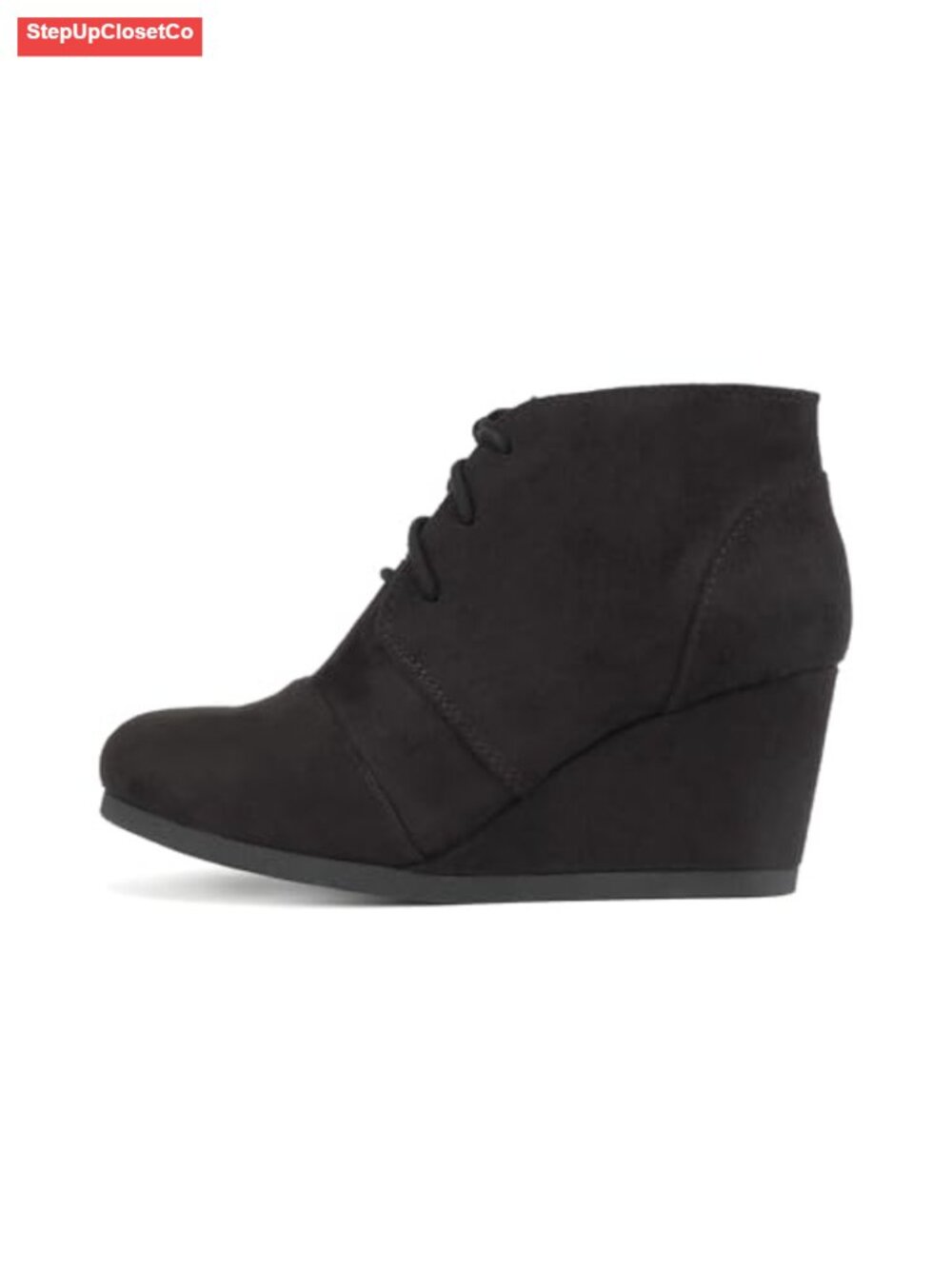 Lace Up Rounded Toe Low Wedge Ankle Bootie – Imitation Suede Vegan Leather